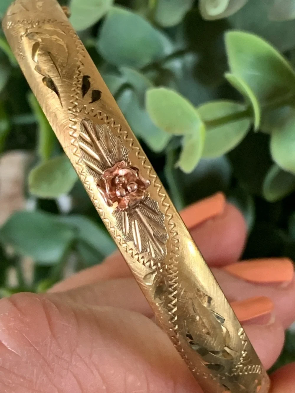 Vintage Gold Tone Floral Engraved Bracelet with Rose Accent